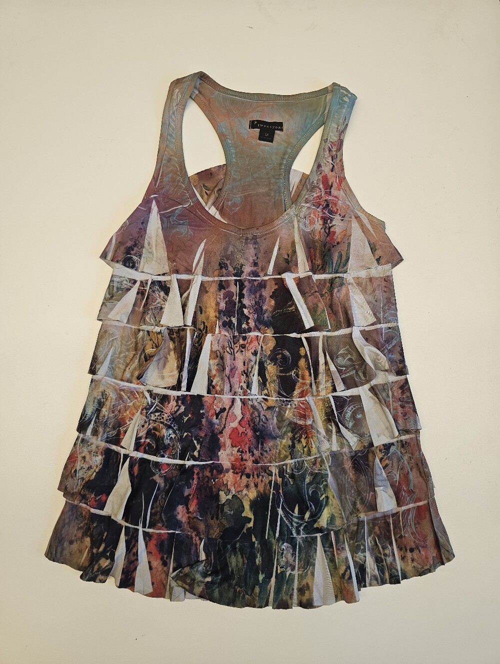 EUC | M | Vintage Forever 21 | Y2K Abstract Print Tiered Ruffle Tunic Top